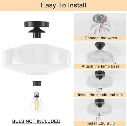 Semi Flush Mount Ceiling Light, 11.8" Vintage Clear Glass Ceiling Lights, 1-Light Mid Century Modern Drum Close to Ceiling Light Fixtures for Bedroom Kitchen Entryway Hallway Porch Foyer