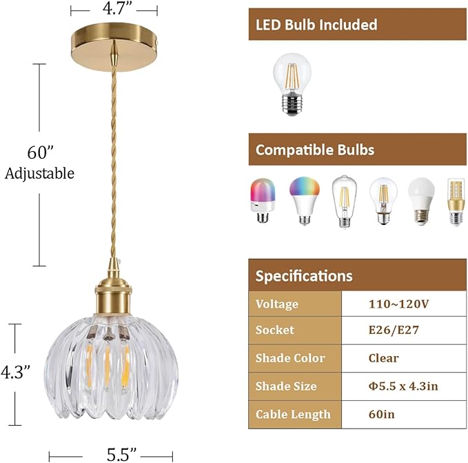 Mini Flower Glass Pendant Light Adjustable Hanging Lamp, Clear Pendant Lights Kitchen Island Dining Room Hallway Bedroom Living Room, LED Bulb Included