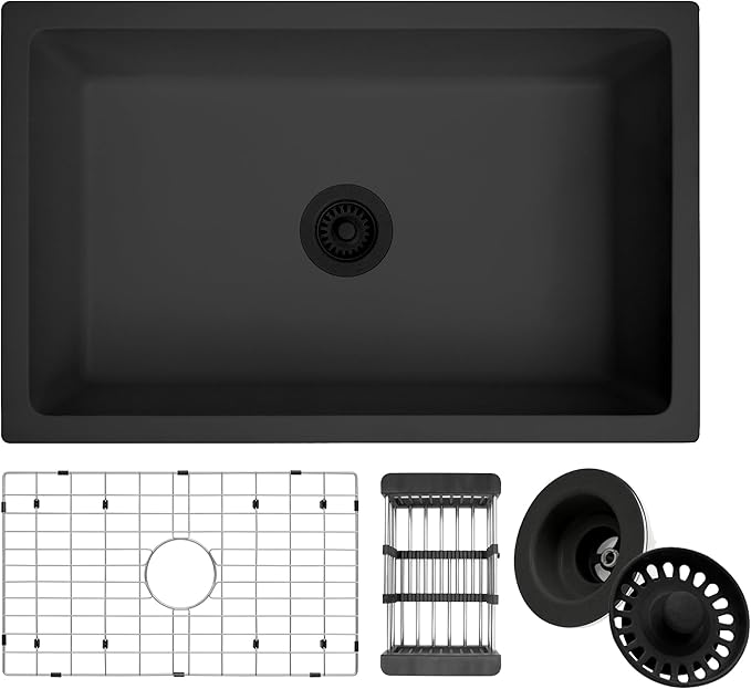 Black Kitchen Sink, Matte Black Granite Composite Kitchen Sinks with Accessories, 30 Inch Undermount Quartz Stone Kitchen Sinks, 30" x 19" x 9" Large and Deep Single Bowl Kitchen Sinks