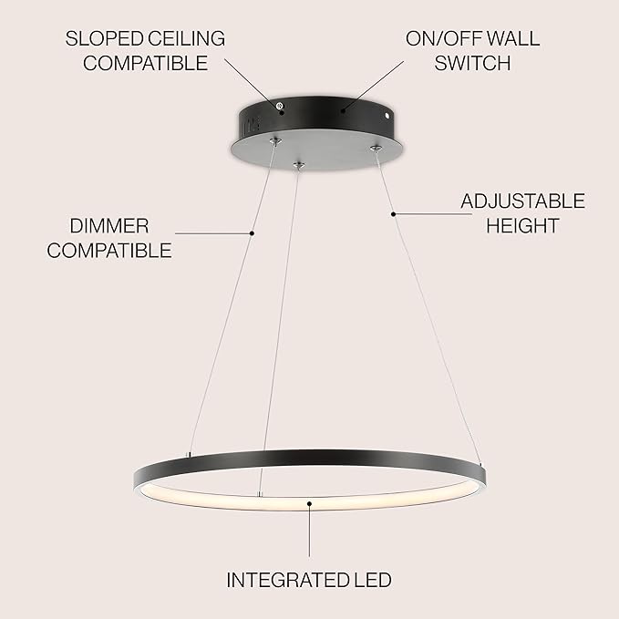 JONATHAN Y 15.75" Matte Black Modern Integrated LED Pendant Light, Dimmable Round Hoop Chandelier for Kitchen Island, Dining Room, Adjustable Height Metal Hanging Light JYL7202A