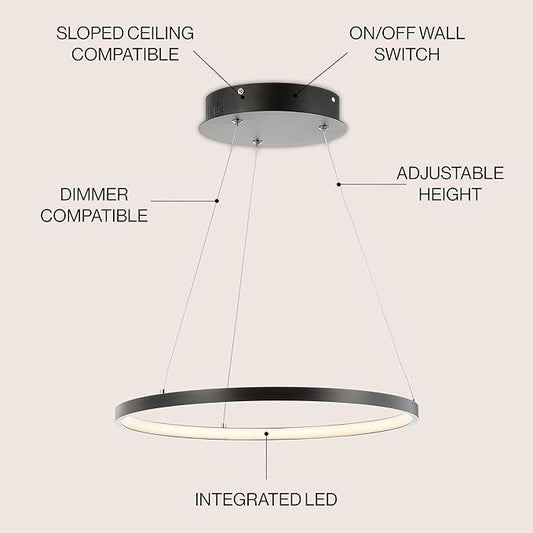 JONATHAN Y 15.75" Matte Black Modern Integrated LED Pendant Light, Dimmable Round Hoop Chandelier for Kitchen Island, Dining Room, Adjustable Height Metal Hanging Light JYL7202A