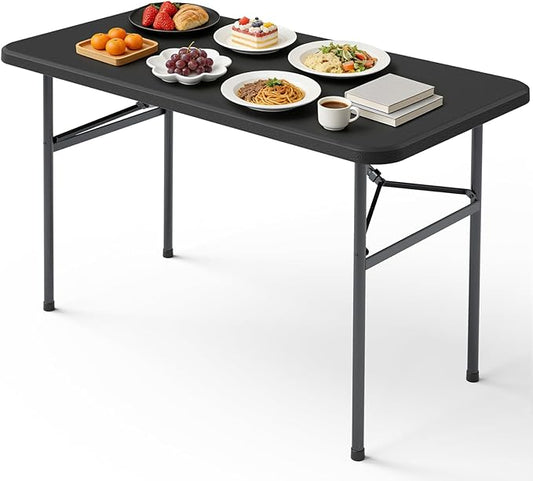 4ft Folding Table, Heavy Duty Plastic Card Table with Foldable Steel Legs, Metal Frame Support up to 400 lb, Portable for Indoor, Outdoor, Picnic, Camping, Dining, Party, Black