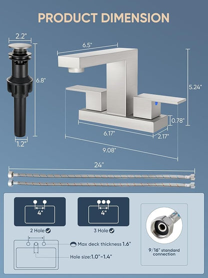 Cobbe Bathroom Faucets for Sink 3 Hole, Brushed Nickel Bathroom Sink Faucet Square 4 Inch Centerset with Pop-Up Drain, 2 Handle and 2 Supply Hoses, Lead-Free Stainless Steel for Vanity, Rv, Farmhouse