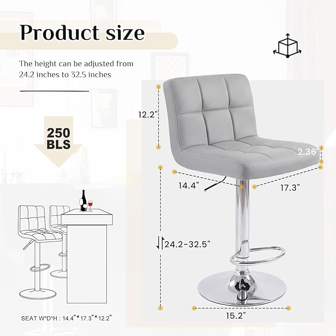 DUMOS Bar Stools Set of 2, 24 inch Counter Height Bar Stools, Upholstered Modern Kitchen Barstools with Metal Base, PU Leather Saddle Stools for Kitchen Island, Grey
