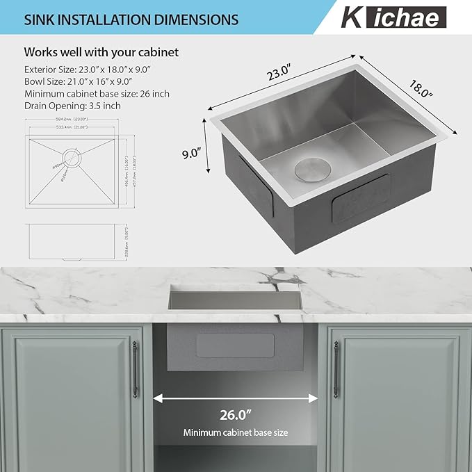 Kichae 23 Inch Undermount Kitchen Sink Single Bowl 16 Gauge Stainless Steel Handmade Modern Bar Prep Small Kitchen Sink Round Corner
