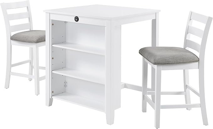 Bar Table Set with Charging Station & 3-Tier Storage, Space-Saving Dining Table Set for 2 with Upholstered Chairs, Small Kitchen Island for Apartment (36 Inch+White)