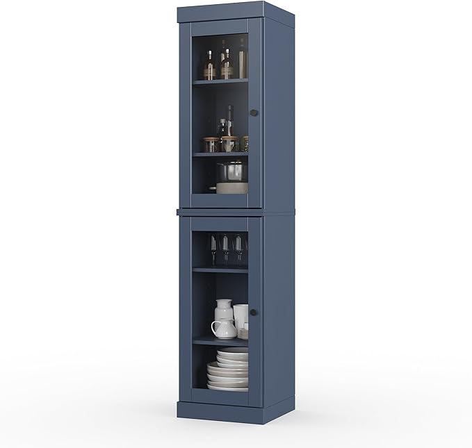 Palace Imports Solid Wood Kitchen Pantry Cabinet w/Glass Doors - Narrow Storage Cabinet - 16.5" Wide x 71.5" Tall - Antique Blue, Adjustable Shelves, 100% Eco-Friendly Wood, Modular Cabinets