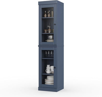 Palace Imports Solid Wood Kitchen Pantry Cabinet w/Glass Doors - Narrow Storage Cabinet - 16.5" Wide x 71.5" Tall - Antique Blue, Adjustable Shelves, 100% Eco-Friendly Wood, Modular Cabinets