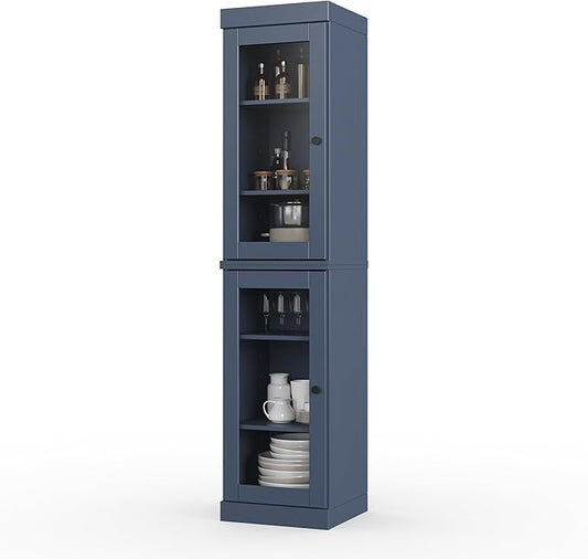 Palace Imports Solid Wood Kitchen Pantry Cabinet w/Glass Doors - Narrow Storage Cabinet - 16.5" Wide x 71.5" Tall - Antique Blue, Adjustable Shelves, 100% Eco-Friendly Wood, Modular Cabinets