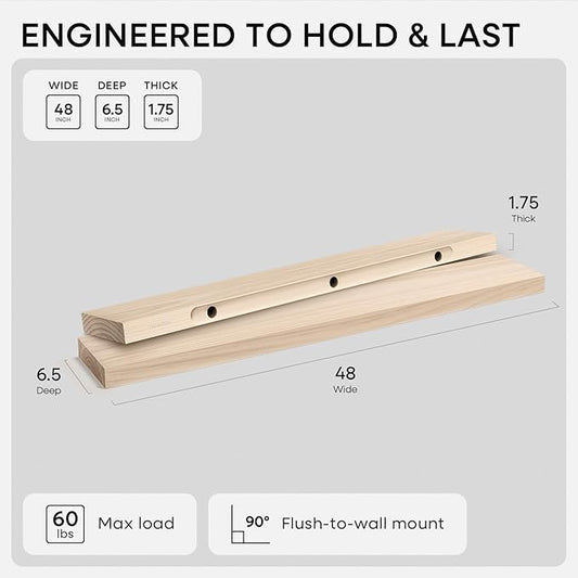 Homeforia Wood 48 inch Floating Shelf, High End Solid Natural Wood 48inch Floating Shelves for Wall Mounted, Unfinished Wooden Large Floating Shelves, Heavy Duty Bracket, 48 X 6.5 X 1.75 in, Set of 2