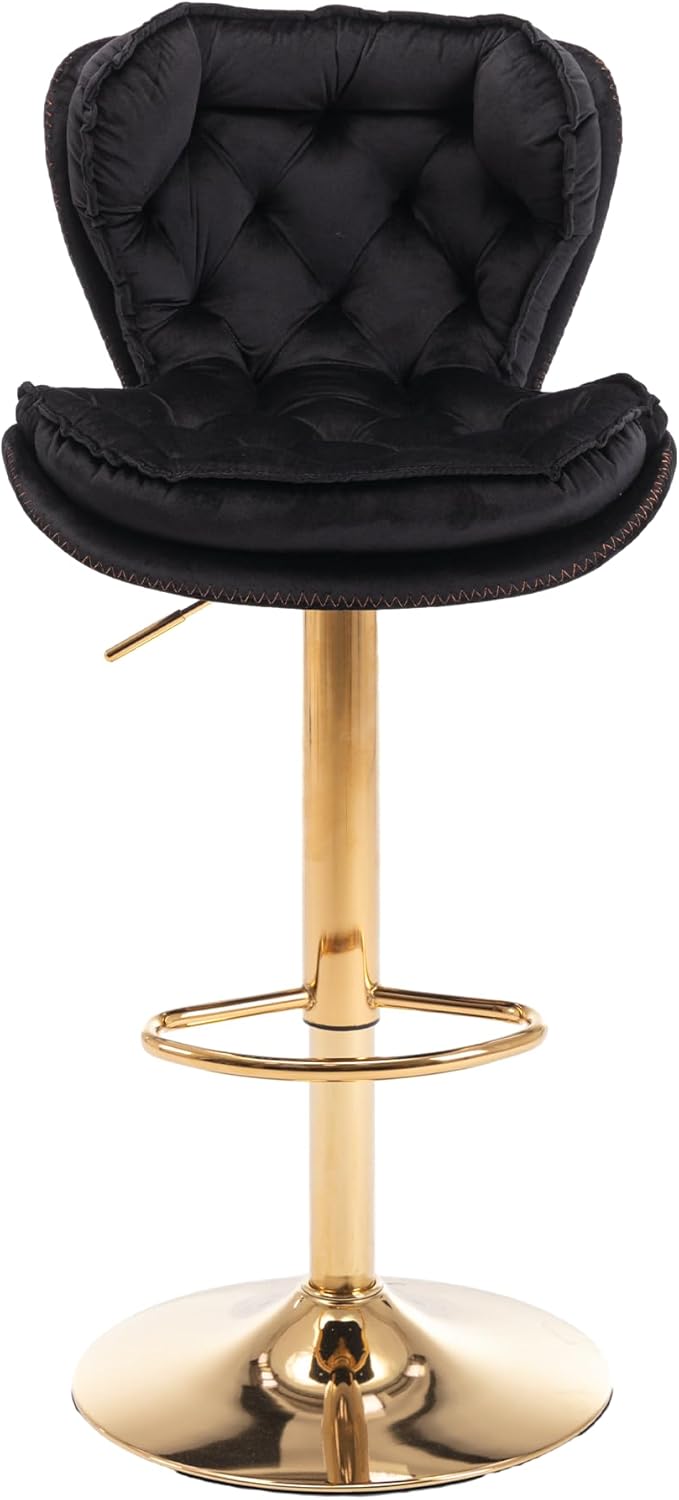 Rhomtree 24-33 Inch Swivel Bar Stools, Adjustable Counter Height Barstools, Velvet Back and Golden Footrest, Bar Chairs for Kitchen Island, Cafe, Bar, Bar Counter, Dining Room, Coffee(Black Set of 6)