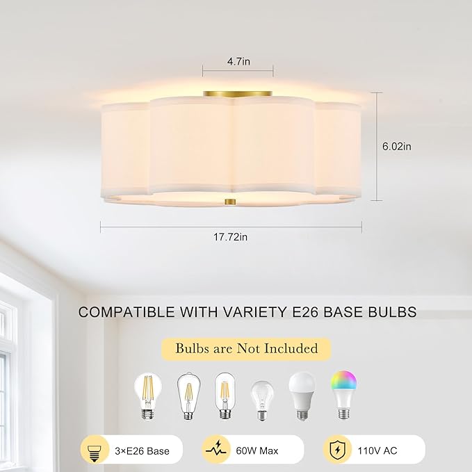 Modern Drum Semi Flush Mount Ceiling Light 17.71" Modern 3-Lights Gold Drum Ceiling Lighting Fixture Vintage Linen Ceiling Lamp for Laundry Room, Kitchen, Basement, Bedroom