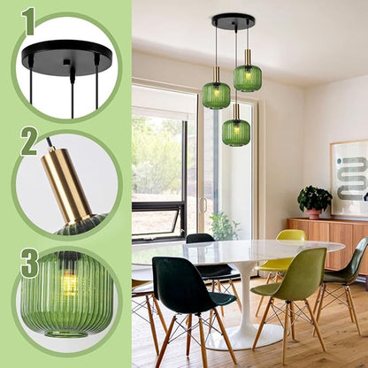 3-Light Mid-Century Modern Pendant Light with Green Glass Globes Vintage Gold Finish, Kitchen Island Chandelier for Dining Room, Bar, Breakfast Nook