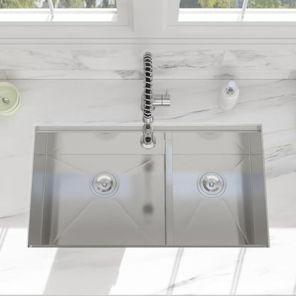 33 Undermount Kitchen Sink - 33x19 Double Bowl Kitchen Sinks Workstation 16 Gauge Stainless Steel Sink Low Divide Double Basin 60/40