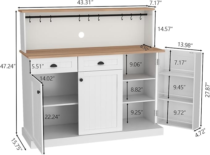 Gyfimoie Sideboard Buffet Cabinet with 2 Drawers, Farmhouse Kitchen Pantry with Adjustable Shelves, Coffee Bar Cupboard Cabinet with 3 Doors for Kitchen, Dining Room (White)