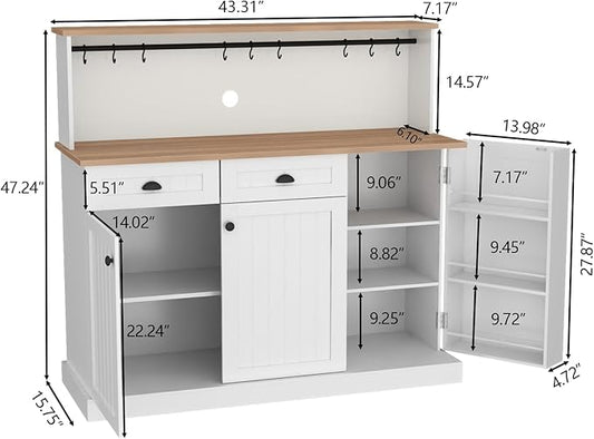 Gyfimoie Sideboard Buffet Cabinet with 2 Drawers, Farmhouse Kitchen Pantry with Adjustable Shelves, Coffee Bar Cupboard Cabinet with 3 Doors for Kitchen, Dining Room (White)