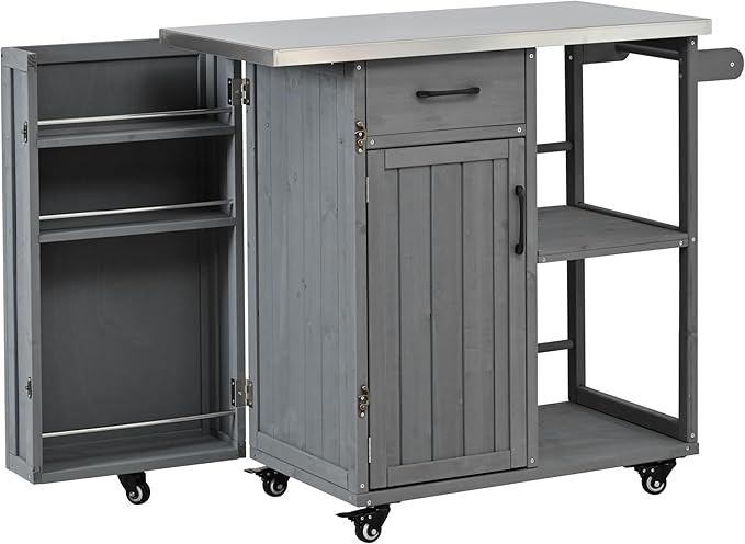 JIJIWANG 35.6" Outdoor Kitchen Island with Stainless Steel Top and Towel and Spice Racks, Rolling Kitchen Island with Storage for Small Spaces Patio Grey
