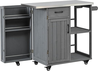 JIJIWANG 35.6" Outdoor Kitchen Island with Stainless Steel Top and Towel and Spice Racks, Rolling Kitchen Island with Storage for Small Spaces Patio Grey