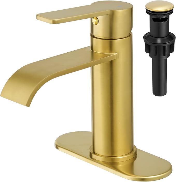 VOTON Waterfall Bathroom Faucet Brushed Gold, Single Handle 1 or 3 Hole Modern Sink Faucet with Deck Plate & Pop-Up Drain, RV Camper Vanity Washbasin Tap