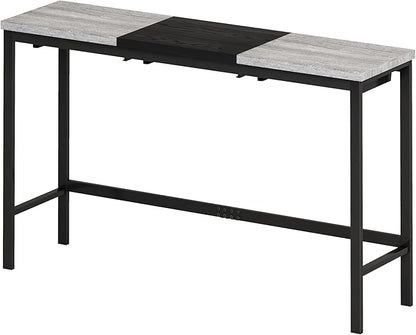 Merax 4 Piece Block-Color Pub Dining Table Set,Modern Bar Table Set with 60.24 Long Dining Table w/Hanging Stool Design and 3 Stools,for Breakfast Nook Living Room Small Space Restaurant,Grey+Black