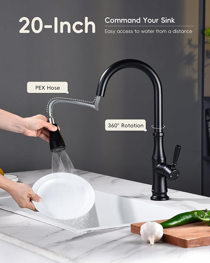 APPASO Black Kitchen Faucet with Pull Down Sprayer, 360° Swivel, 20-Inch Flexible Hose, One Hole Single Handle High Arc Matte Black Faucet for 1 or 3 Holes Kitchen Farmhouse Outdoor Sink, Easy Install