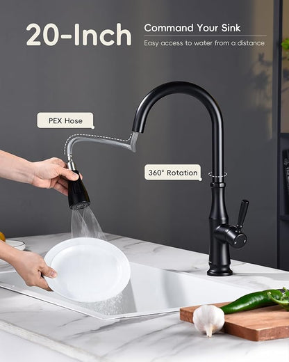 APPASO Black Kitchen Faucet with Pull Down Sprayer, 360° Swivel, 20-Inch Flexible Hose, One Hole Single Handle High Arc Matte Black Faucet for 1 or 3 Holes Kitchen Farmhouse Outdoor Sink, Easy Install