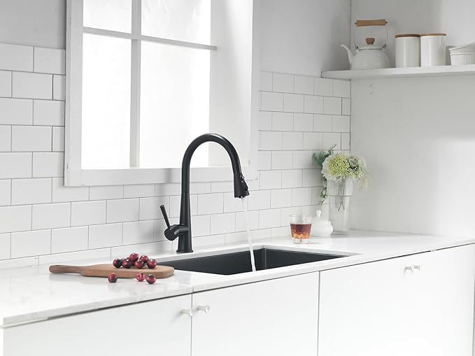 Matte Black Kitchen Faucet with Pull Down Sprayer, Lava Odoro Single Handle Kitchen Sink Faucet, Black Single Hole Kitchen Faucet with Magnetic Docking Spray Head and Deck Plate, KF321-MB
