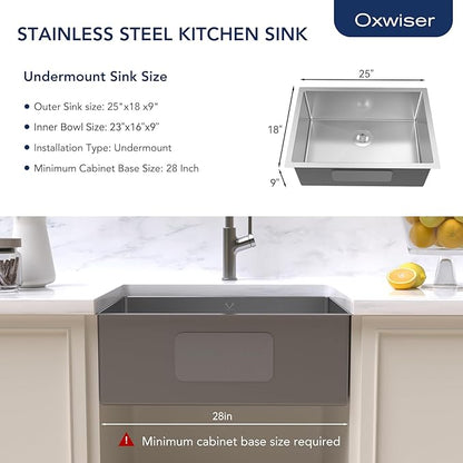 Kitchen Sink 25x18 Inch Undermount Sink 16 Gauge Stainless Steel Single Bowl Kitchen Sinks with Accessories Round Corners Handmade Sink