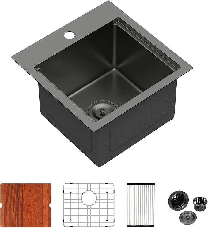 Logmey 15" Square Drop in Bar Sink,PVD Nano Gun Black 16 Gauge Stainless Steel,15x15x9 Workstation Sink for Kitchen Prep,RV,Wet Bar & Outdoor