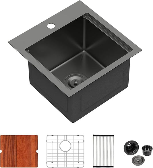 Logmey 15" Square Drop in Bar Sink,PVD Nano Gun Black 16 Gauge Stainless Steel,15x15x9 Workstation Sink for Kitchen Prep,RV,Wet Bar & Outdoor
