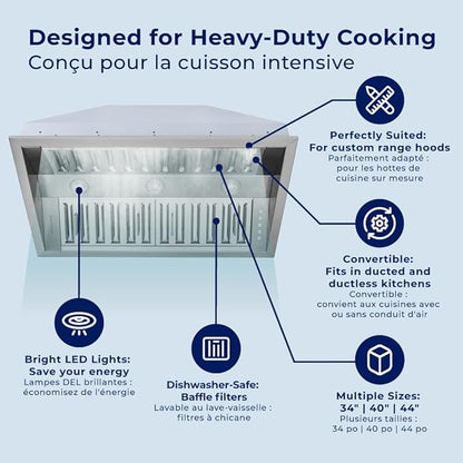 Hauslane Range Hood Insert 40 Inch Pro-Style - Stainless Steel Built-In Vent with 800 CFM Suction, Quiet Operation, LED Lights, 3-Speed Fan, 21" Deep, Ducted/Ductless Convertible for Insert Mount
