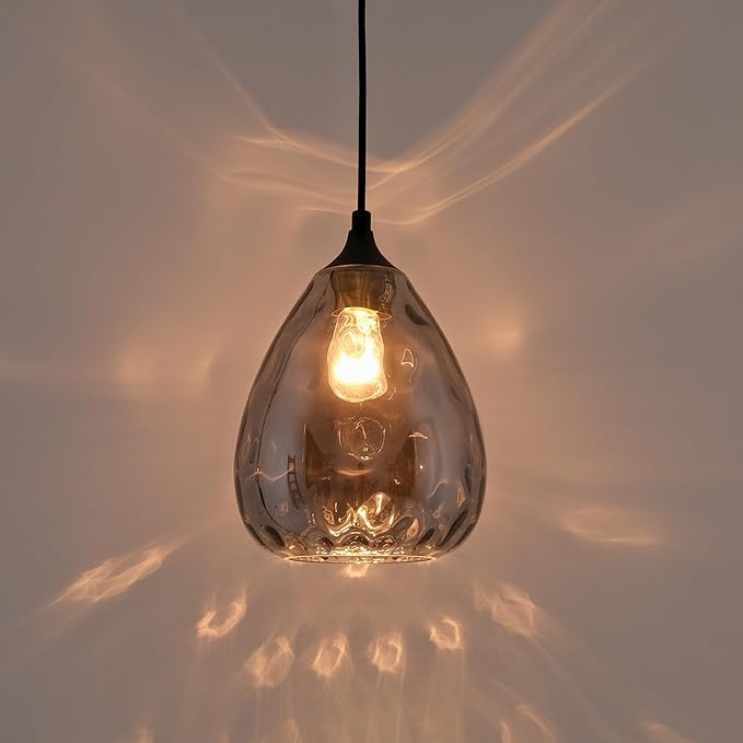 Smoked Hammered Glass Pendant Light with Matte Black Accent, Adjustable Hanging Lamp for Kitchen, Dining Room, and Living Room