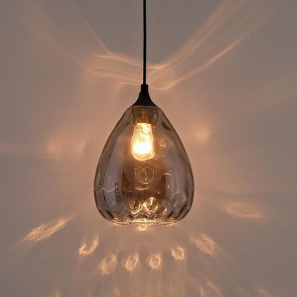 Smoked Hammered Glass Pendant Light with Matte Black Accent, Adjustable Hanging Lamp for Kitchen, Dining Room, and Living Room