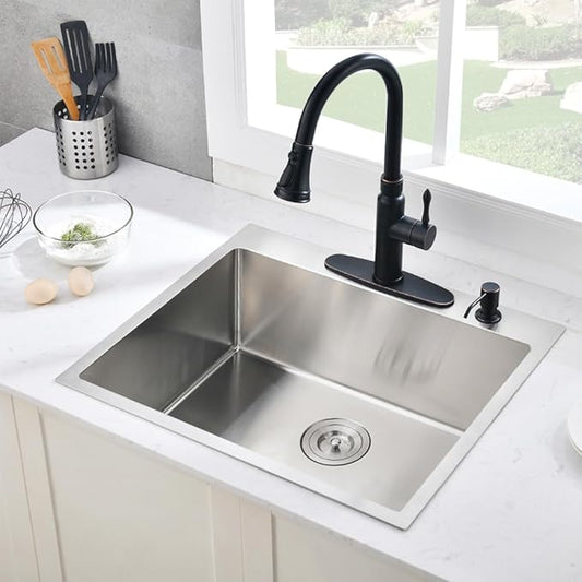 25 x 22 Inch Drop in Kitchen Sink 16 Gauge Stainless Steel Kitchen Sink 2-Holes 10 inch Single Bowl