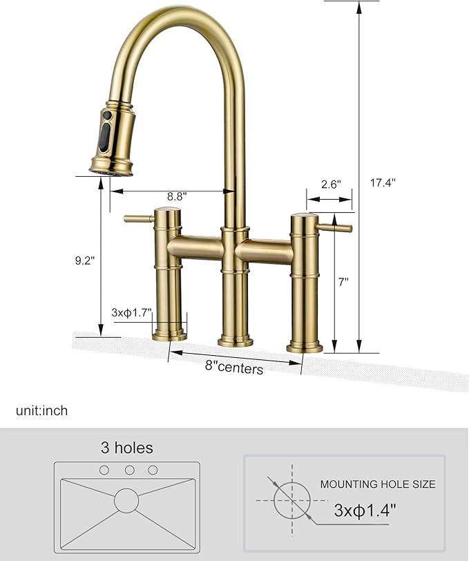 Bridge Faucet for Kitchen Sink: iVIGA Gold Farmhouse 3 Hole Kitchen Faucet with Pull Down Sprayer (3 Spray Modes) - 2 Handle High Arc Brass Faucet with 360° Swivel, with Supply Lines