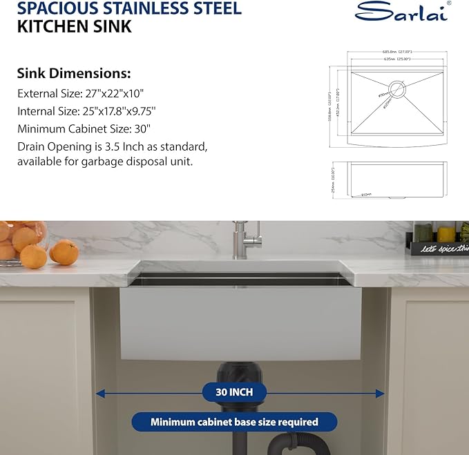 Sarlai 27 Inch Farmhouse Kitchen Sink Stainless Steel - 27x22 Inch Apron Front undermount Ledge Workstation 16 Gauge 304 Stainless Steel Single Bowl Luxury Kitchen Farm Sink