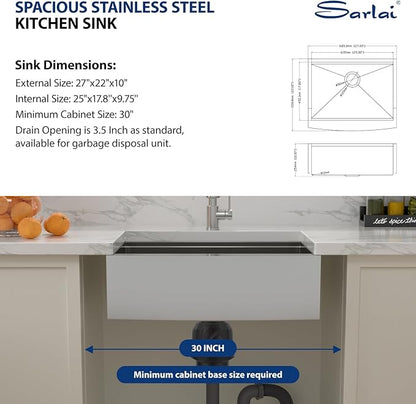 Sarlai 27 Inch Farmhouse Kitchen Sink Stainless Steel - 27x22 Inch Apron Front undermount Ledge Workstation 16 Gauge 304 Stainless Steel Single Bowl Luxury Kitchen Farm Sink