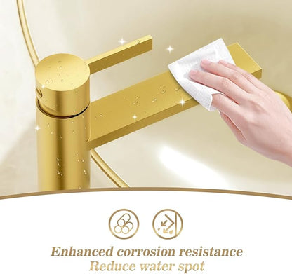 Phiestina 1 Hole Tall Bathroom Vessel Sink Faucet, Brushed Gold Single Hole Single Handle Vanity Faucet, with Pop Up Drain and Water Supply Line, FH02-BG-V