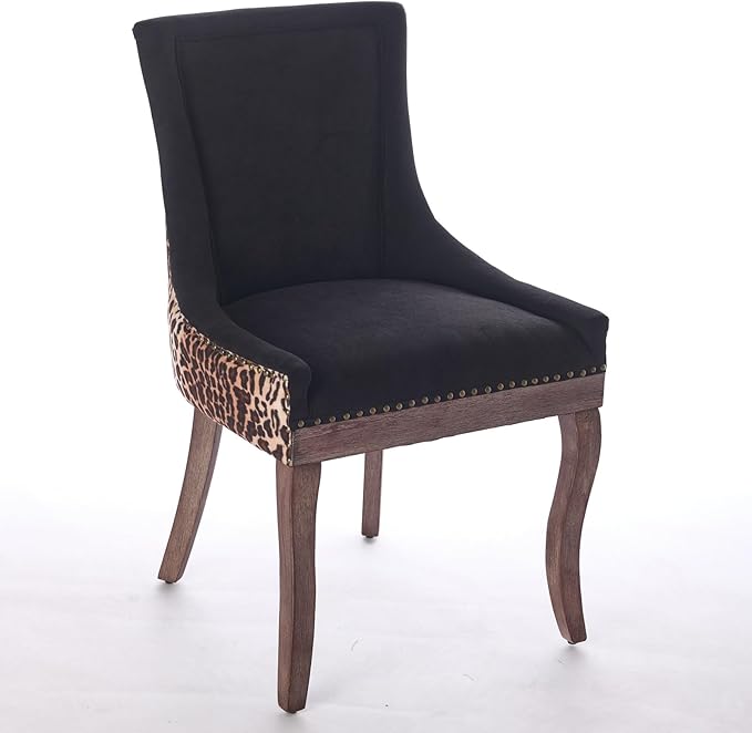 Ball & Cast Mid-century Upholstered Dining Chairs Set of 2, Thickened Fabric Wing Back Kitchen Side-Chairs with Bronze Nail Head & Toned Solid Wood Legs, Two Tone Traditional Chair,Black+Leopard Print