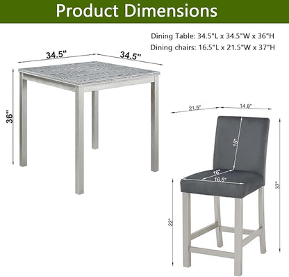 5 Piece Counter Height Table Set, Wooden Kitchen Table Set with Square Table and 4 Upholstered Chairs, Counter Height Dining Table with Crystal Decoration and Chair Set, Silver Grey