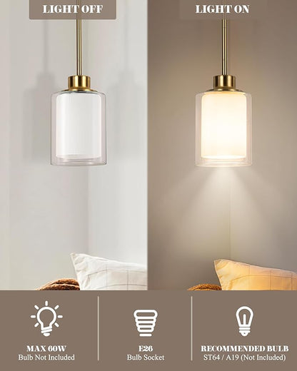 1-Light Mini Pendant Light Fixtures, 2-Pack Modern Hanging Ceiling Lighting, Adjustable Height, Gold Pendant Lamp with Dual Glass for Kitchen Island Bedroom