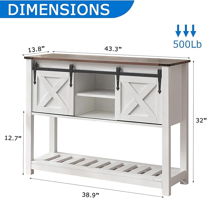 Entryway Table with Storage, Farmhouse Buffet Cabinet Coffee Bar Kitchen Island with Sliding Barn Doors & Shelves, Console Table for Kitchen, Dining Room, Living Room, White