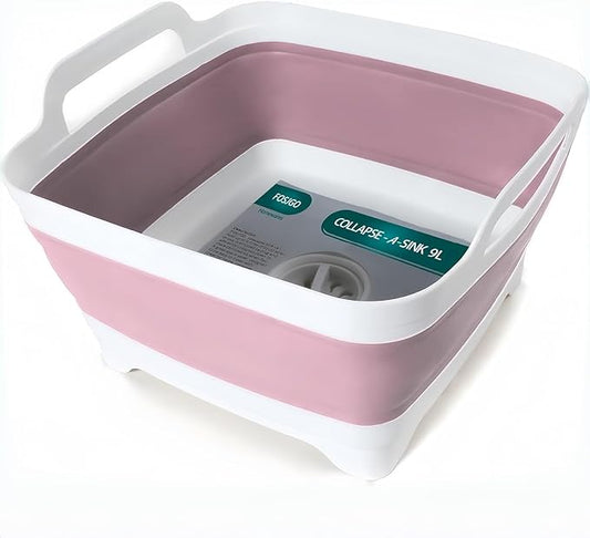 FOSJGO 2.4 Gal(9L) Collapsible Dish Basin with Drain Plug,Space Saving Multiuse Foldable Sink Tub,Dishpan,Kitchen Sink for Camping,Plastic Tub,Vegetable Washing,RV…