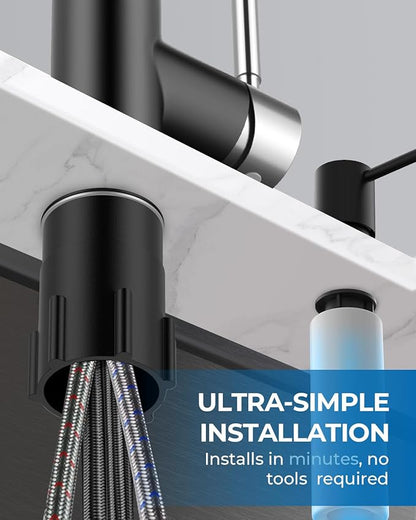 WEWE Kitchen Faucet with Soap Dispenser and Pull Down Sprayer, RV Single Handle Classic 3 Modes Stainless Steel Faucet for Kitchen Sink, RV, Black and Polished Chrome
