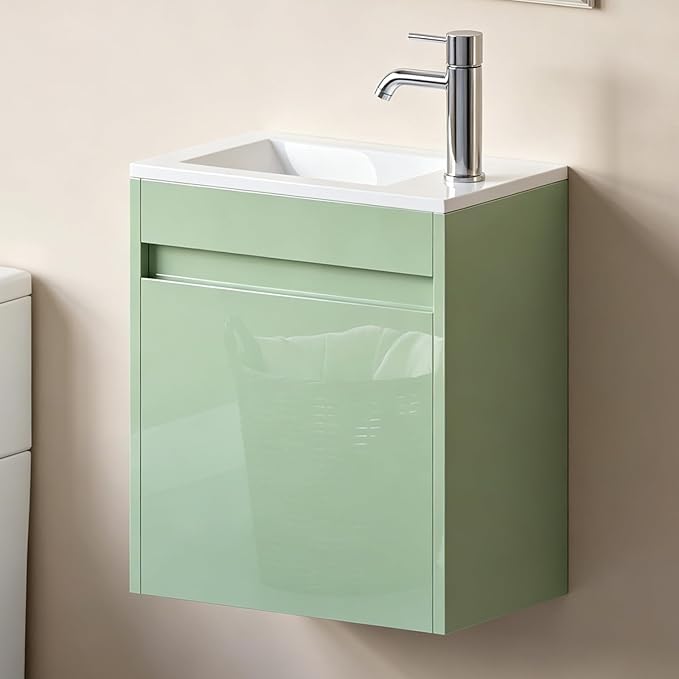 wonline 16" Floating Bathroom Vanity with Sink, Wall Mounted Resin Basin Cabinet Combo for Small Bathrooms, High Gloss Green, Includes Chrome Faucet & Pop Up Drain