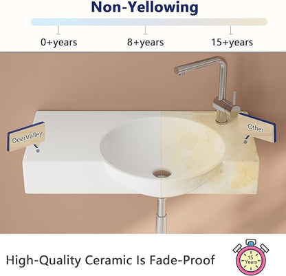 DeerValley 30"x18" Wall Mounted Bathroom Vessel Sink, White Modern Modern Floating or Countertop bathroom sink，Lavatory Vessel Sink，Porcelain Ceramic Right Side Wall Hung Sink