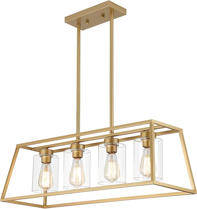 4-Light Gold Chandeliers for Dining Room | Modern Kitchen Island Light Fixture | Rectangle Chandelier for with Clear Glass Shade | Apply to Dining Room Light fixtures Over Table