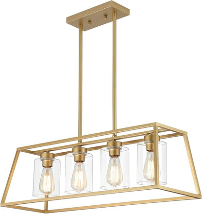 4-Light Gold Chandeliers for Dining Room | Modern Kitchen Island Light Fixture | Rectangle Chandelier for with Clear Glass Shade | Apply to Dining Room Light fixtures Over Table