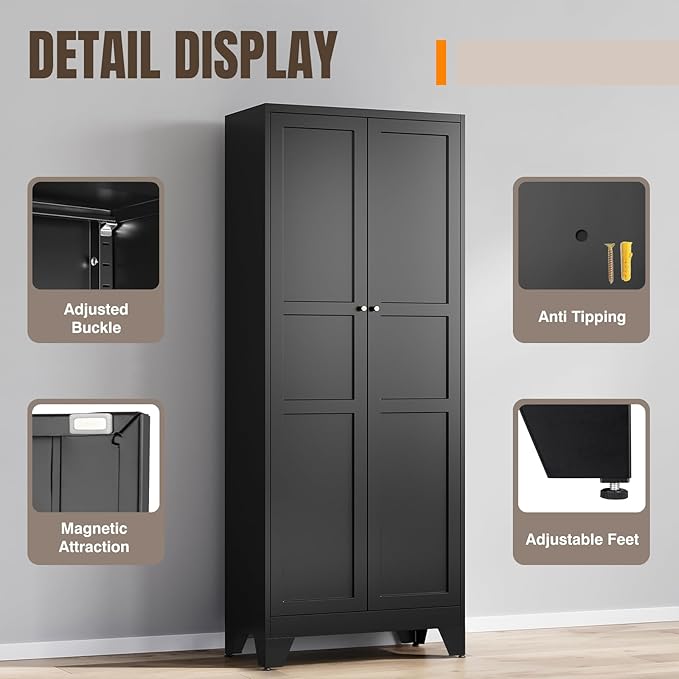 Yizosh Metal Storage Cabinet with 2 Doors and 4 Adjustable Shelves,- 72" Black Kitchen Pantry Storage Cabinet for Kitchen,Living Room,Dining Room