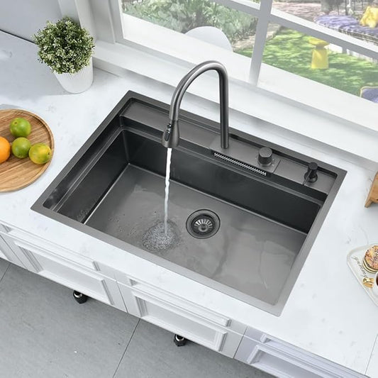 33 Inch Black Waterfall Drop In Kitchen Sink Workstation -Bokaiya 33x19 Black Stainless Steel Smart Sink with Faucet Combo 16 Gauge 10" Deep Top Mount Single Bowl Modern Kitchen Sink